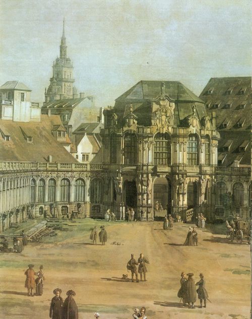 Canaletto (II): Festungsmauer mit schsisch-dnischem Allianzwappen, dahinter die Spiegelschleife und der Wilsche Torturm