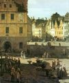 Canaletto (II): Südansicht des Alten Gewandhauses mit Staffelgiebeln und reicher Staffage, weiter Bürgerhäuser des 17. und 18. Jahrhunderts