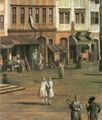 Canaletto (II): Bürgerhäuser der Ostseite mit Ladenvorbauten und dem Justitiabrunnen