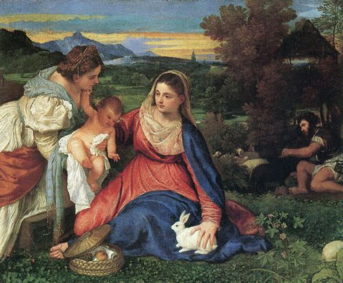Tizian: Die Madonna mit dem Kaninchen, Szene: Maria mit Christuskind, Hl. Katharina und Hl. Johannes der Tufer