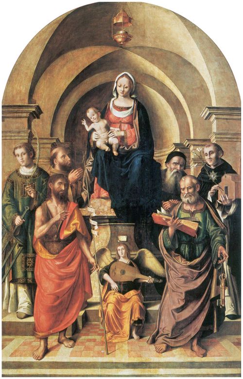 Palmezzano, Marco: Die Madonna mit Kind zwischen den Hl. Johannes der Tufer, Laurentius, Franziskus, Petrus, Dominikus und Antonius Abbas