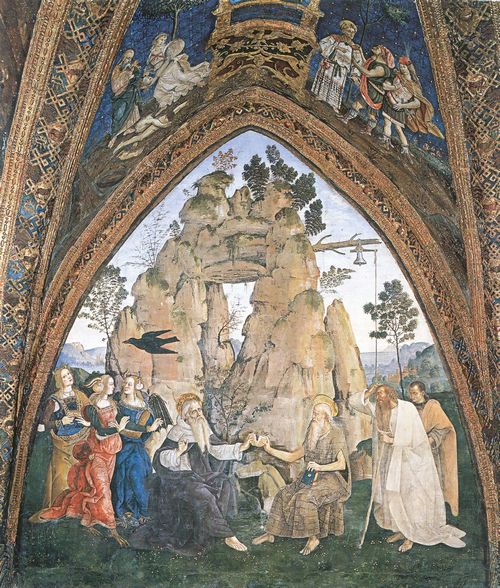 Pinturicchio (und Gehilfen): Die Begegnung zwischen dem Hl. Antonius Abbas und dem Hl. Eremiten Paulus in der Wste Thebais