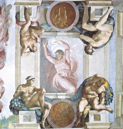 Michelangelo Buonarroti: Sixtinische Kapelle, Deckenfresko zur Schpfungsgeschichte: Der Schpfergott scheidet Licht und Finsternis und Vier Ignudi