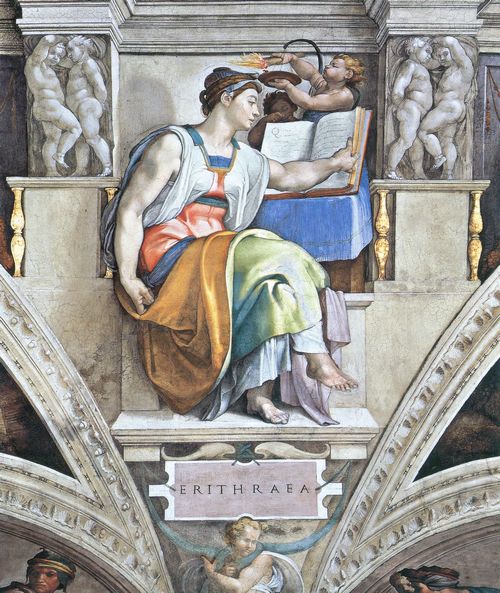 Michelangelo Buonarroti: Sixtinische Kapelle, Sibyllen und Propheten, Szene in Lnette: Die Erythrische Sibylle