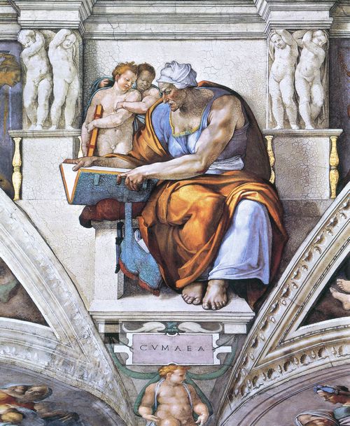 Michelangelo Buonarroti: Sixtinische Kapelle, Sibyllen und Propheten, Szene in Lnette: Die Kumische Sibylle