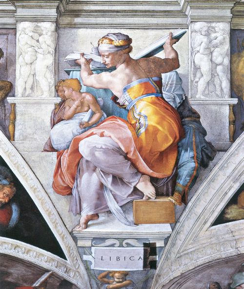 Michelangelo Buonarroti: Sixtinische Kapelle, Sibyllen und Propheten, Szene in Lnette: Die Libysche Sibylle