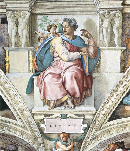Michelangelo Buonarroti: Sixtinische Kapelle, Sibyllen und Propheten, Szene in Lnette: Der Prophet Jesaja