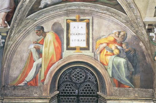 Michelangelo Buonarroti: Sixtinische Kapelle, Die Vorfahren Christi: Die Lnette mit Asa, Josaphat, Joram