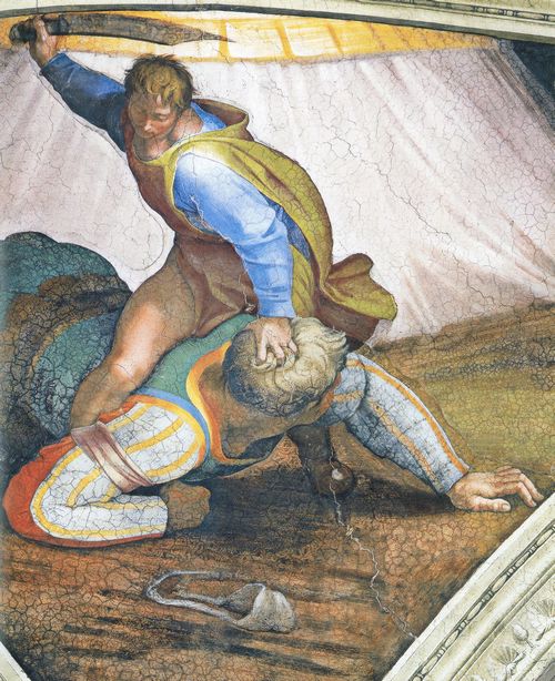 Michelangelo Buonarroti: Sixtinische Kapelle, Szenen aus dem alten Testament: Zwickel mit David und Goliath, Detail