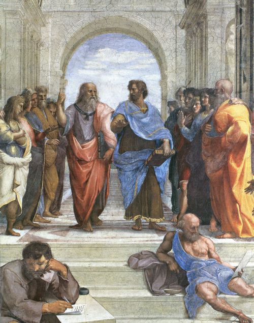 Raffael: Stanza della Segnatura im Vatikan fr Papst Julius II., Wandfresko: Die Schule von Athen, Detail: Platon und Aristoteles