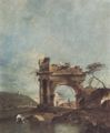 Guardi, Francesco: Capriccio mit zerfallenem Torbogen und kleinem Tempel im Hintergrund