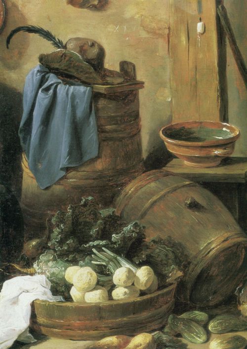 Teniers d. J., David: Kcheneinrichung mit Stillleben und geschlachtetem Ochsen, Detail
