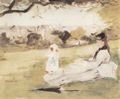 Morisot, Berthe: Frau und Kind auf einem Feld sitzend