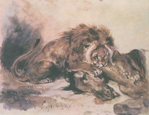 Delacroix, Eugne Ferdinand Victor: Lwe, ein Pferd fressend