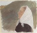 Ancher, Anna: Junge dunkelgekleidete Frau mit weißem Kopftuch, in einer Düne sitzend