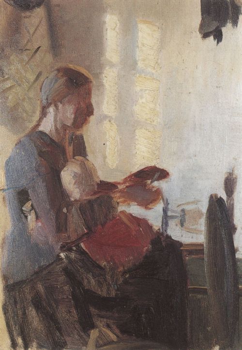 Ancher, Anna: Junge Mutter beim Spinnen, mit ihrem Kind