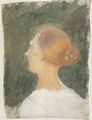 Ancher, Anna: Frau mit rotem Nackenknoten vor grünem Grund
