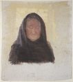 Ancher, Anna: Dunkelgekleidete ältere Frau mit schwarzem Kopftuch, vor einer gelben Wand