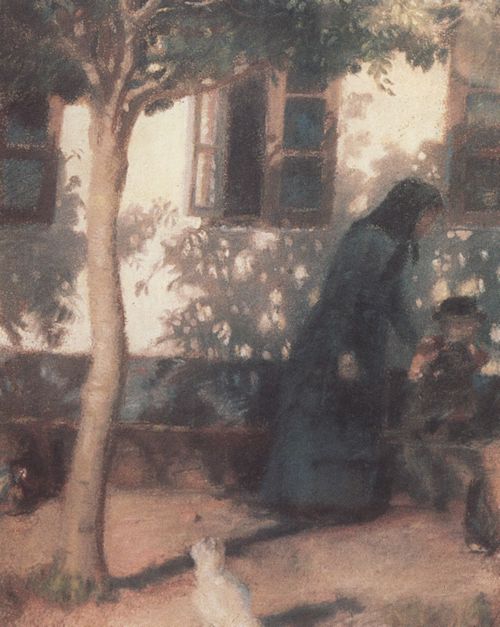 Ancher, Anna: Frau mit Kind vor einem Haus