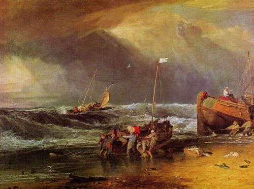 Turner, Joseph Mallord William: Strandszene mit Fischern, die ein Boot ziehen (A Coast Scene with Fishermen hauling a Boat ashore)