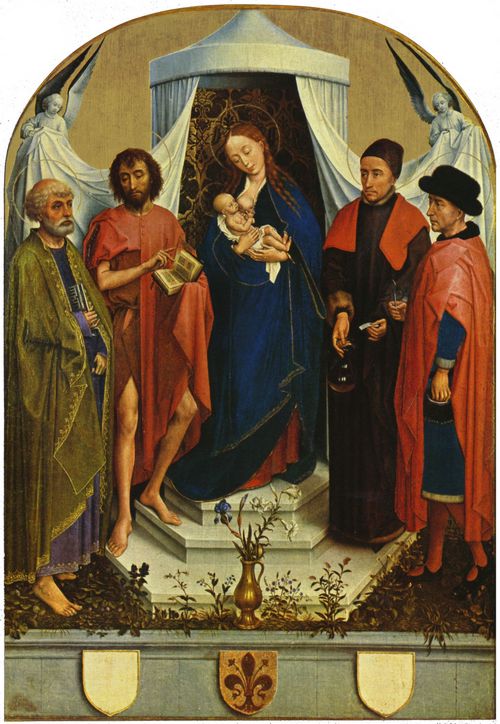 Weyden, Rogier van der: Medici-Madonna, Szene: Madonna mit den Heiligen Petrus, Johannes dem Tufer, den Heiligen Kosmas und Damian