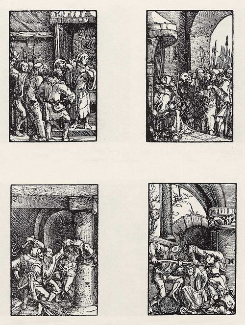 Altdorfer, Albrecht: Illustrationen fr ein Andachtsbuch, Blatt_21–24, Christus vor Kaiphas, Christus vor Pilatus, Geielung, Dornenkrnung