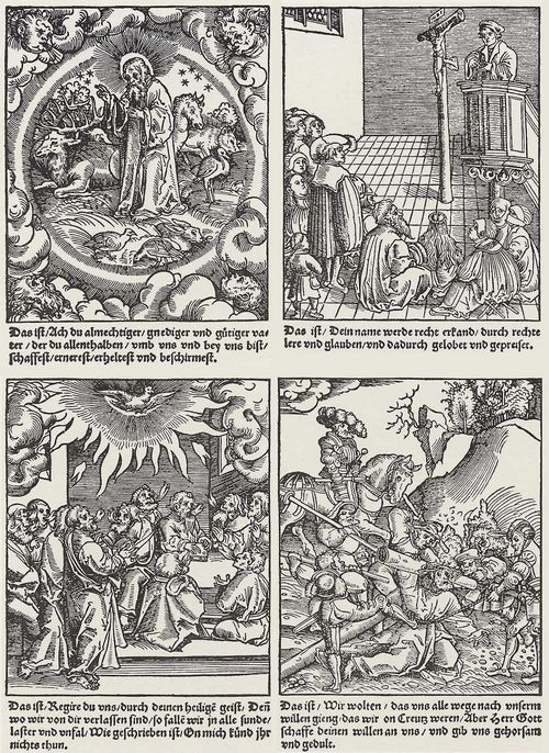Cranach d. ., Lucas: Vier Illustrationen zu Vater Unser: Erschaffung der Welt, Gottesdienst, Pfingstfest, Kreuztragung