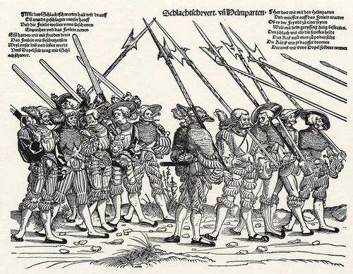 Schoen, Erhard: Heereszug der Landsknechte, Blatt_06, Fnf Landsknechte mit Helmbarte, fnf mit Schwertern