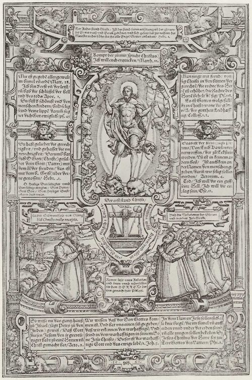 Deckinger, Hieronymus: Christus und der Auftraggeber Caspar Schwenkfeld von Ossing mit Mitgliedern seiner Sekte