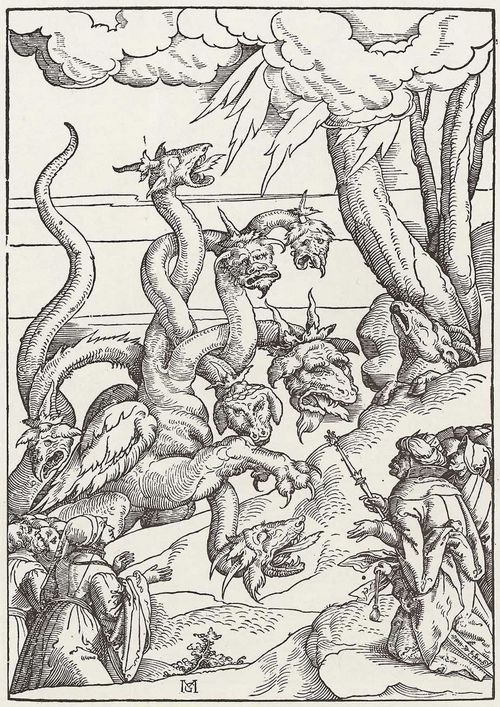 Gerung, Matthias: Blatt zur »Apokalypse«, Anbetung des siebenkpfigen Drachens