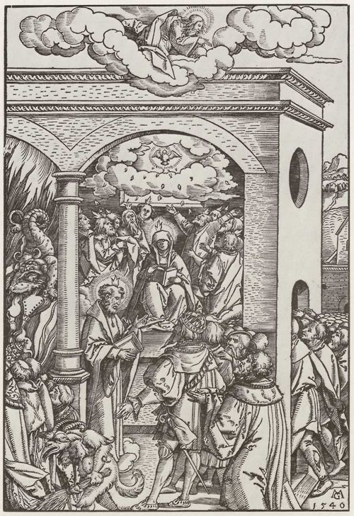 Gerung, Matthias: Pfingsten mit Hl. Petrus und einem Kaiser (Vordergrund) und dem Papst in den Hllenflammen (Links)
