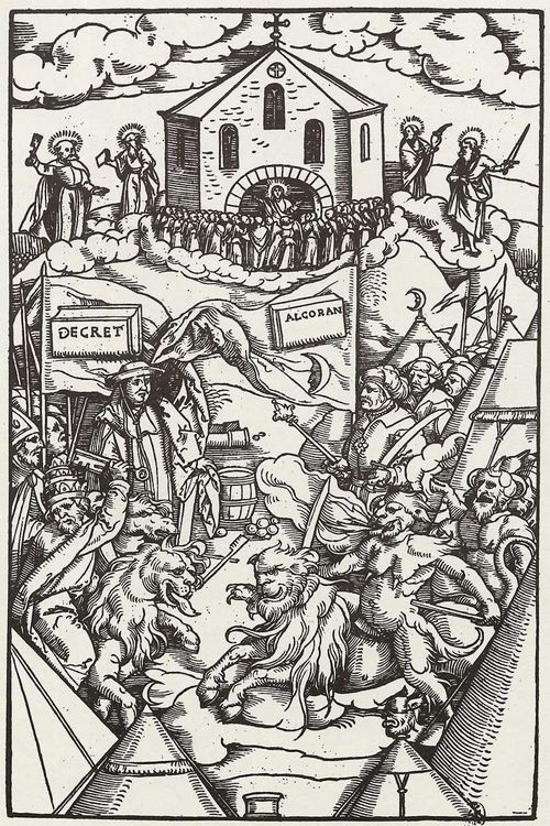 Gerung, Matthias: Konfrontation zwischen der Rmischen Kirche und den Unglubigen. Mit predigendem Christus im Hintergrund