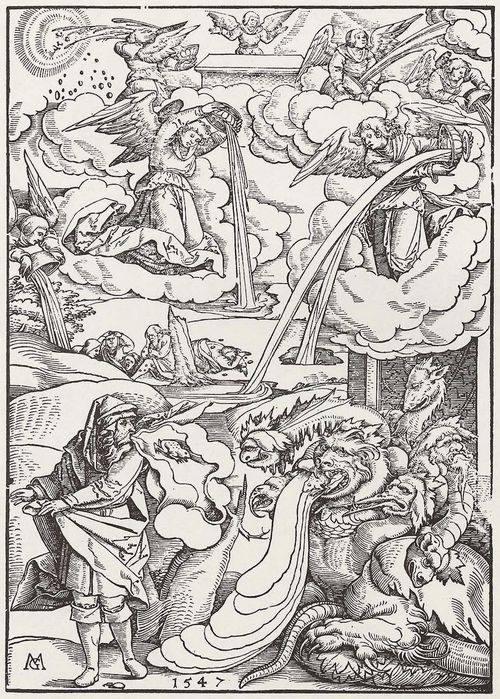 Gerung, Matthias: Blatt zur »Apokalypse«, Sechs Engel schtteln die Wut Gottes und fllen den Ozean aus