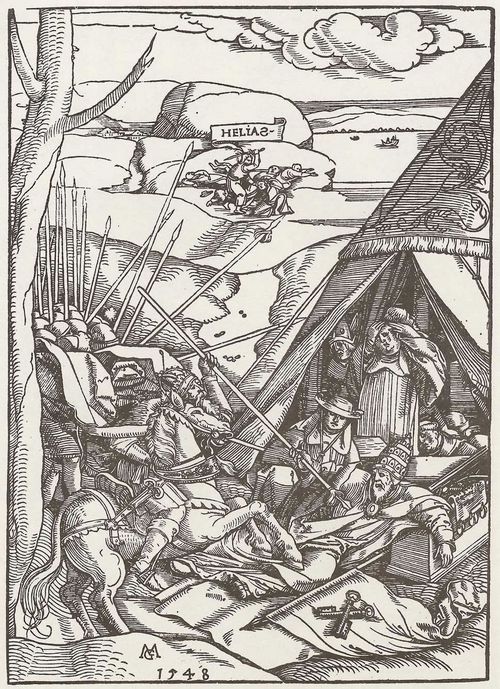 Gerung, Matthias: Der Kaiser besiegt den Papst (Vordergrund); Helias (Lohengrin) ttet den Priester von Baal