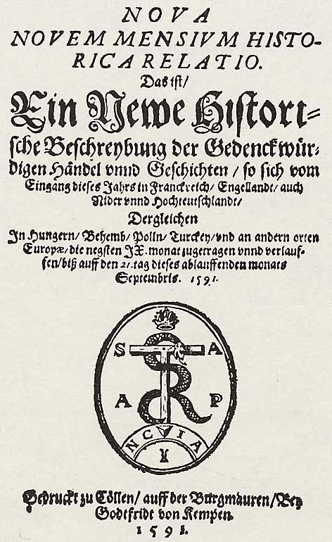 Kempen, Gottfried von: Titelblatt der »Nova Novem Mensium Historica Relatio«, Köln 1591