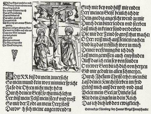 Weigel d. ., Hans: Andachtsblatt mit Christus am Kreuz, Hl. Maria und Hl. Johann