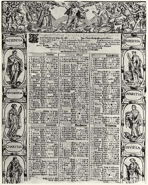 Augsburger Meister von 1615: Kalender mit einer Abbildung des jngsten Gerichts, der sieben Tugenden und der sieben Laster