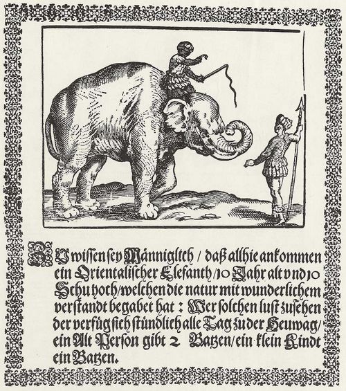 Nrnberger Meister von 1629: Werbeplakat fr die Ausstellung eines Elefanten