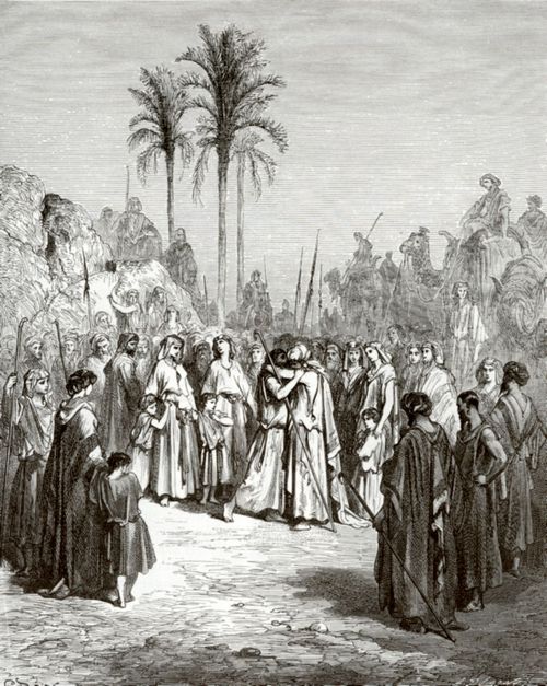 Dor, Gustave: Bibelillustrationen: Jakobs Vershnung mit Esau