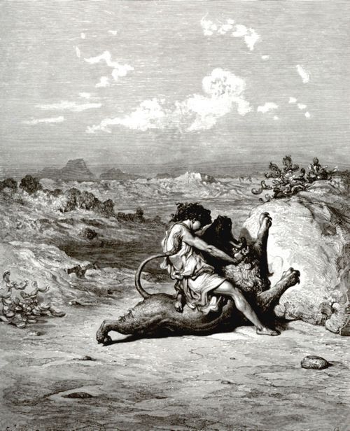 Dor, Gustave: Bibelillustrationen: Simson ttet den Lwen