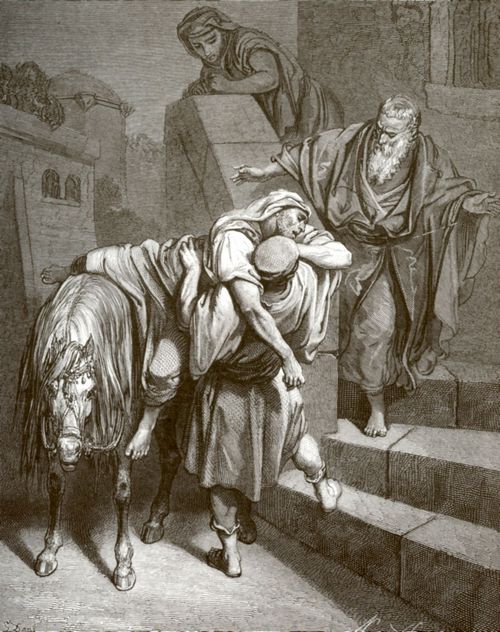 Dor, Gustave: Bibelillustrationen: Ein Samariter mit dem Verwundeten bei der Herberge