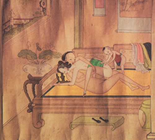 Chinesischer Knstler des 18. Jahrhunderts: [Paar im Bett, das von einem Kind beobachtet wird]