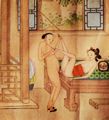 Chinesischer Knstler des 18. Jahrhunderts: [Mdchen liegt auf dem Tisch, Mann kommt von vorne]
