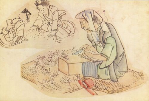 Chinnen: Zwei Kinder und eine alte Frau beim Kruterputzen, Skizze