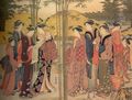 Katsukawa Shuncho: Mitate-e (travestierte Darstellung) der sieben Philosophen im Bambuswald; zwei Teile des Triptychons