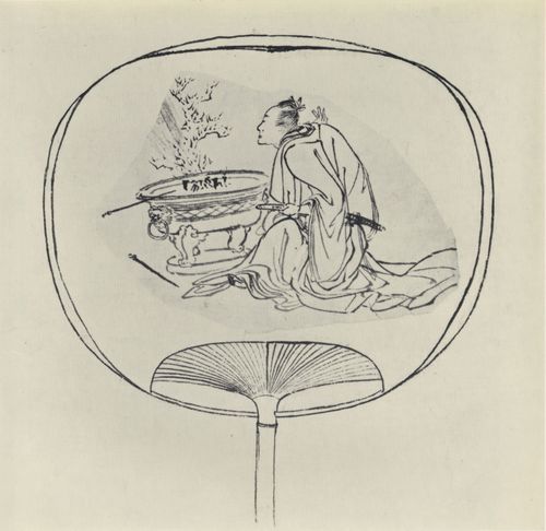 Katsushika Hokusai: Ein Dichter sitzt vor einem Holzkohlenbecken