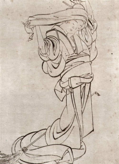 Katsushika Hokusai: Ein Mädchen bereitet sich zum Putzen vor