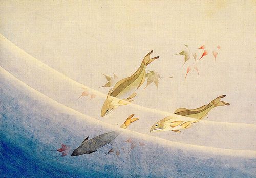 Katsushika Hokusai: Fische und rote Blätter