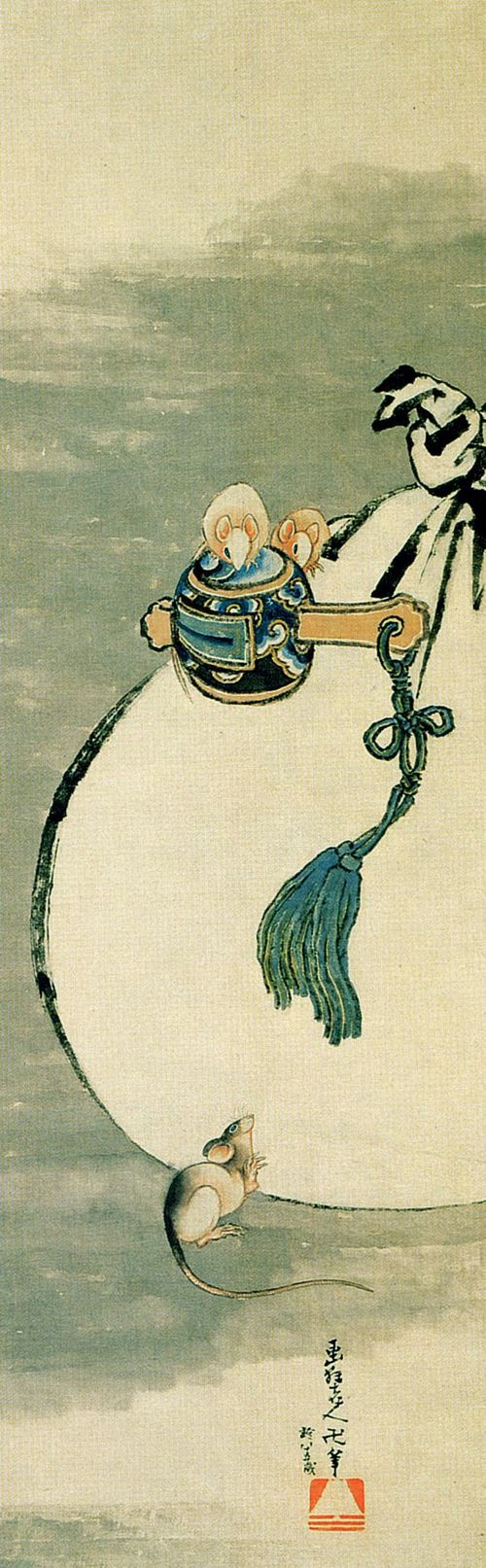 Katsushika Hokusai: Mäuse und ein kleiner Holzschlegel