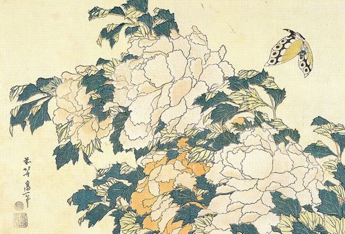 Katsushika Hokusai: Pfingstrosen und Schmetterling
